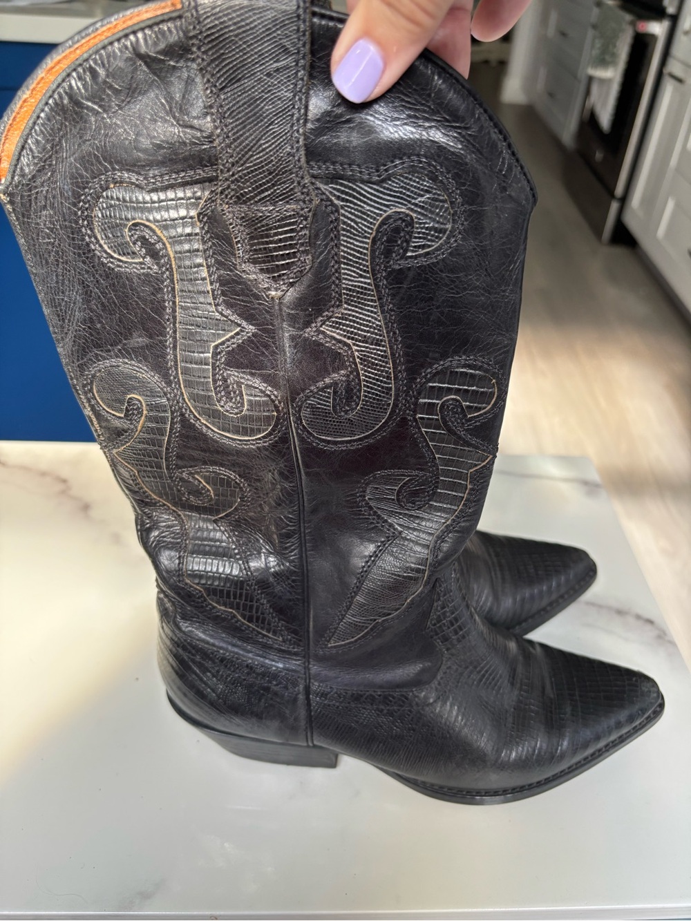 Nine West Romnee Black Leather Lizard Print Pull-On Western Boots Womens 6.5M